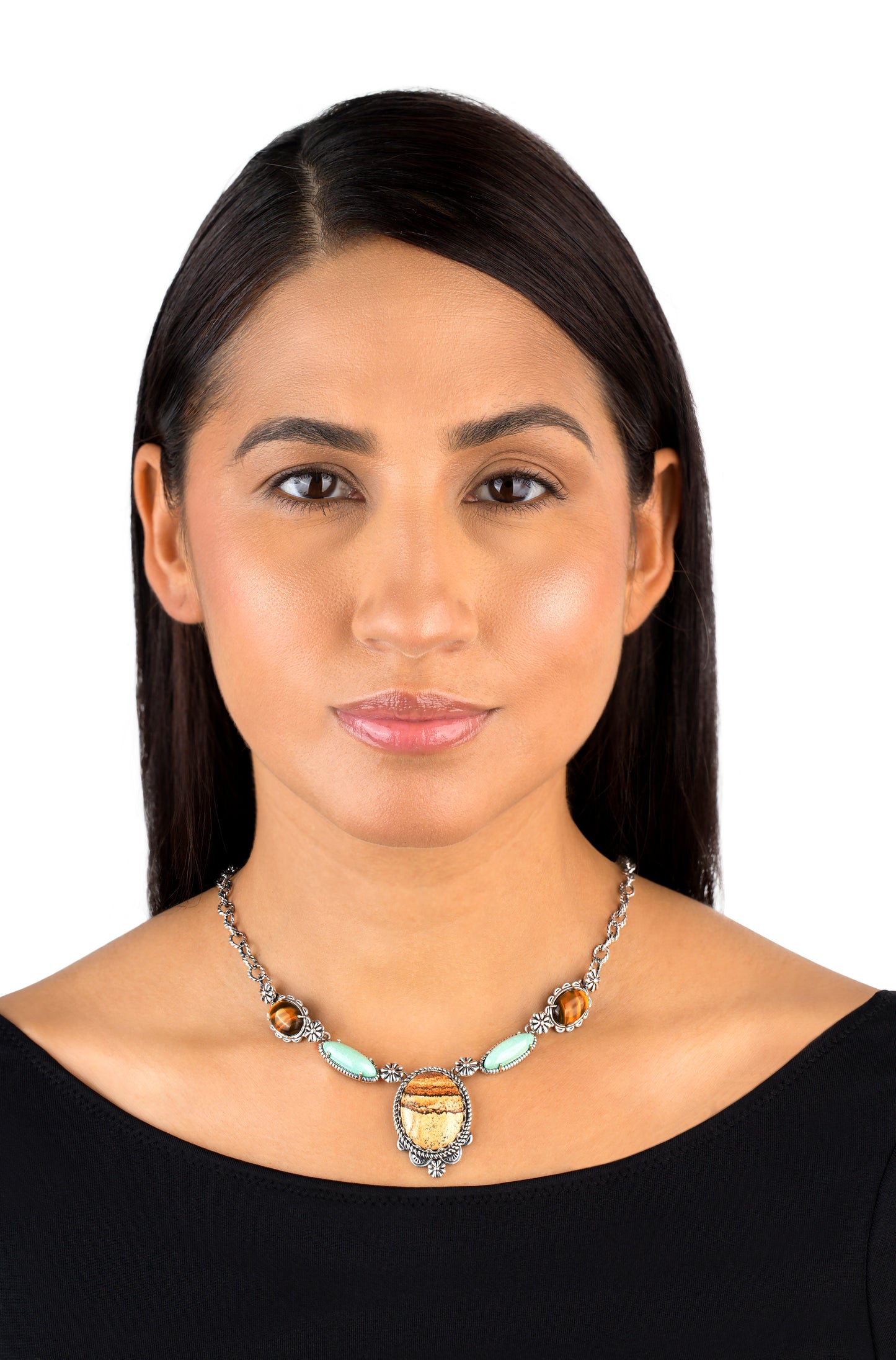 Sterling Silver Picture Jasper, Green Turquoise and Tiger's Eye Concha Station Necklace, 17 Inches