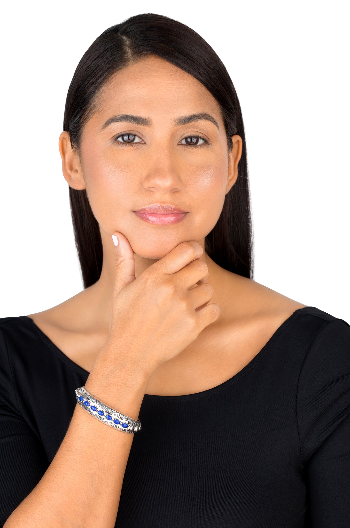 Sterling Silver Lapis Gemstone Textured Cuff Bracelet, Sizes Small to Large
