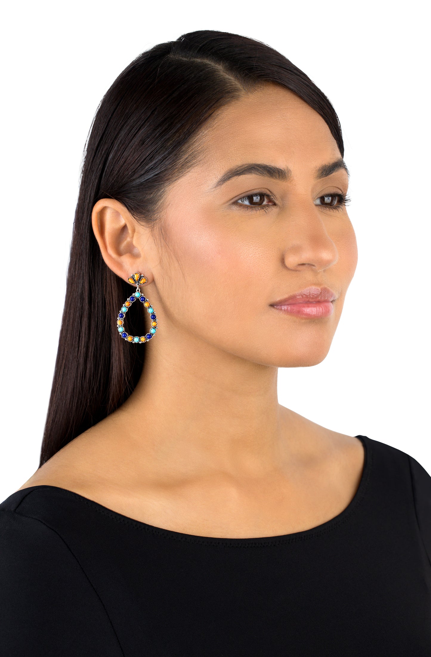 Sterling Silver Orange Spiny Oyster, Turquoise and Lapis Teardrop Post Back Earrings