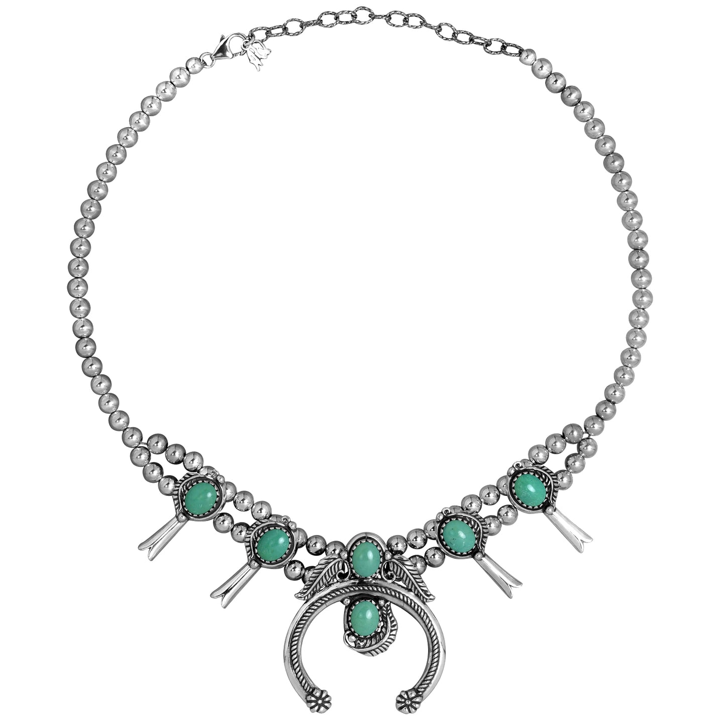 Sterling Silver Green Turquoise Squash Blossom Naja Necklace, 17 to 20 Inches