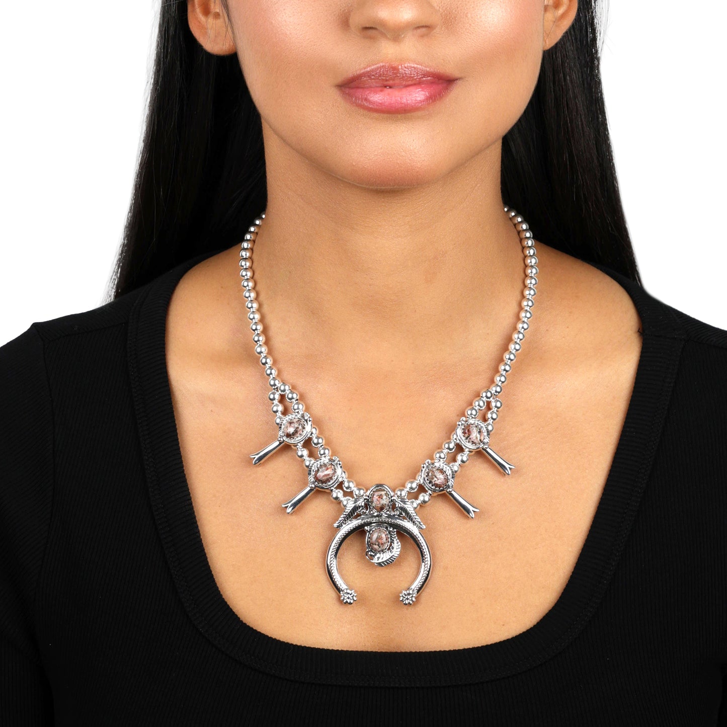 Sterling Silver Leopard Jasper Squash Blossom Necklace, 17 to 20 Inches