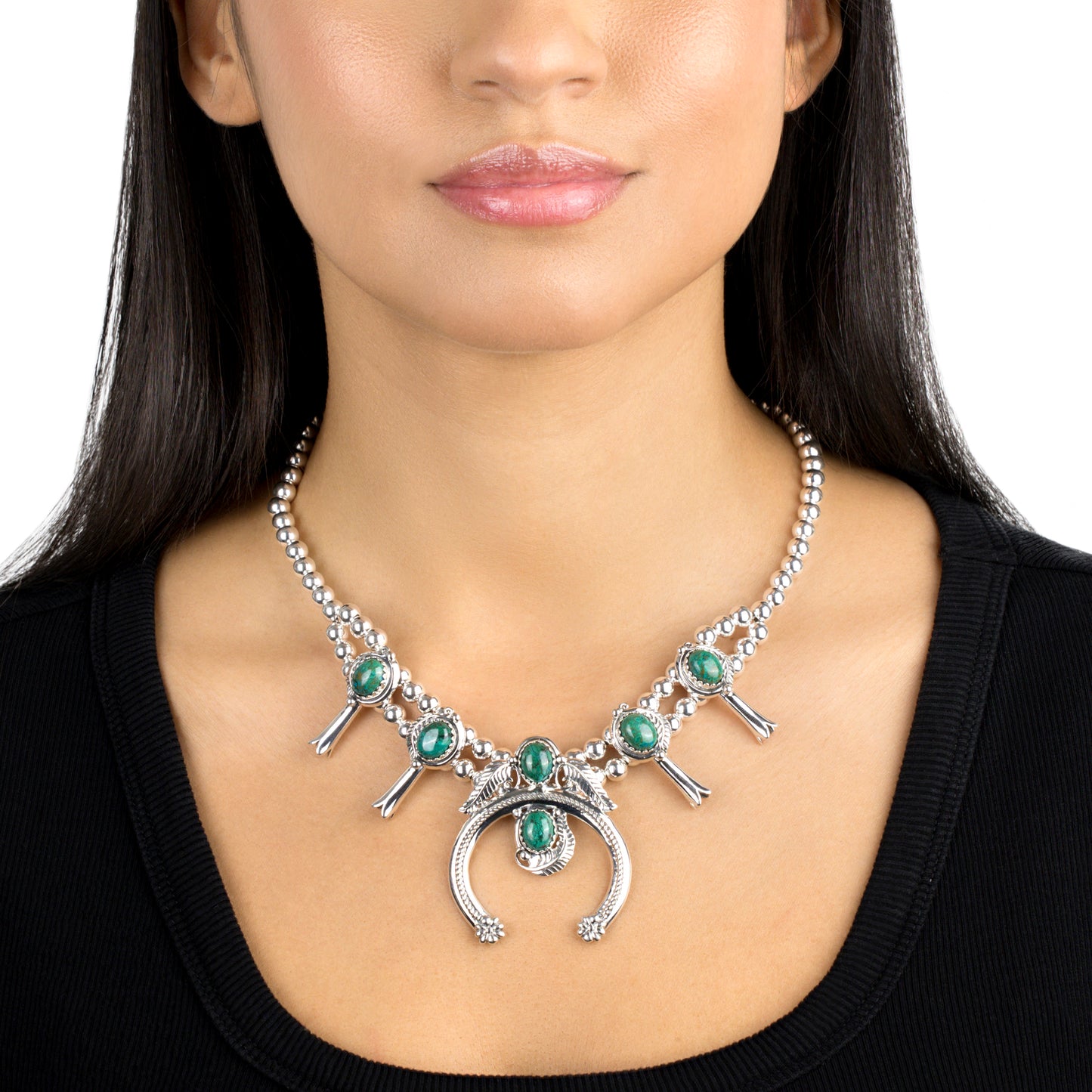 EXCLUSIVELY OURS! Sterling Silver Malachite Squash Blossom Necklace 17 to 20 Inches