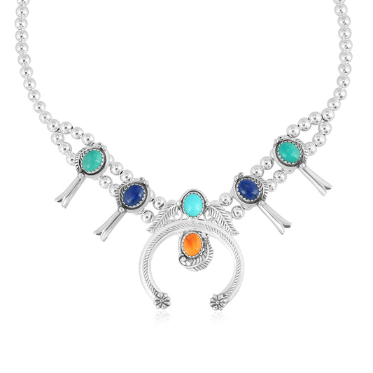 Sterling Silver Multi-Color Gemstone Squash Blossom Necklace, 17 to 20 Inches
