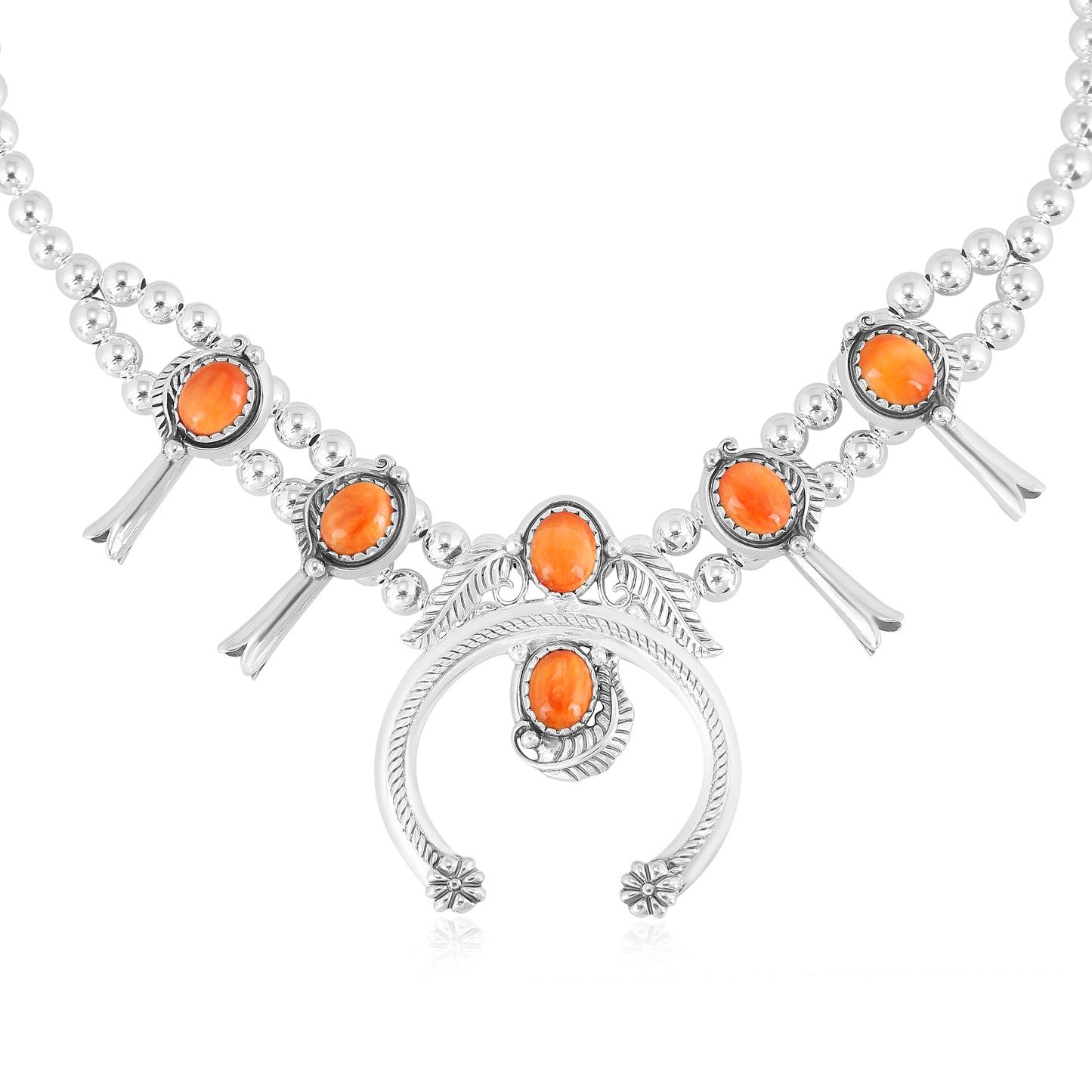Sterling Silver Orange Spiny Oyster Squash Blossom Necklace, 17 to 20 Inches