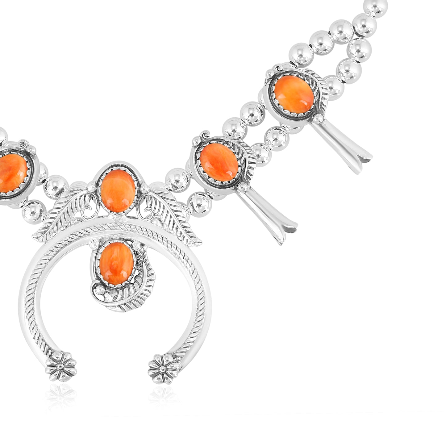 Sterling Silver Orange Spiny Oyster Squash Blossom Necklace, 17 to 20 Inches