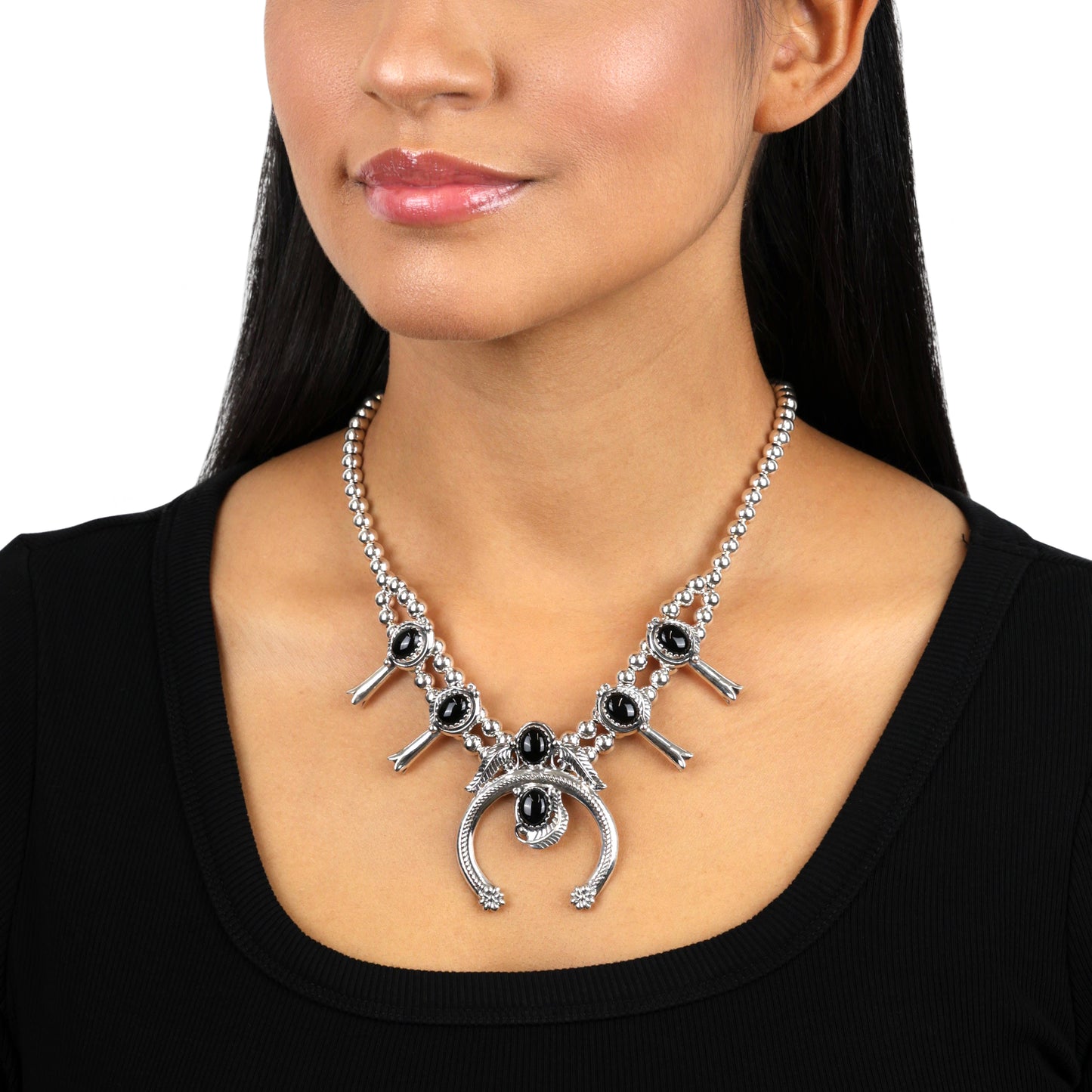 EXCLUSIVELY OURS! Sterling Silver Black Agate Squash Blossom Naja Necklace, 17 to 20 Inches