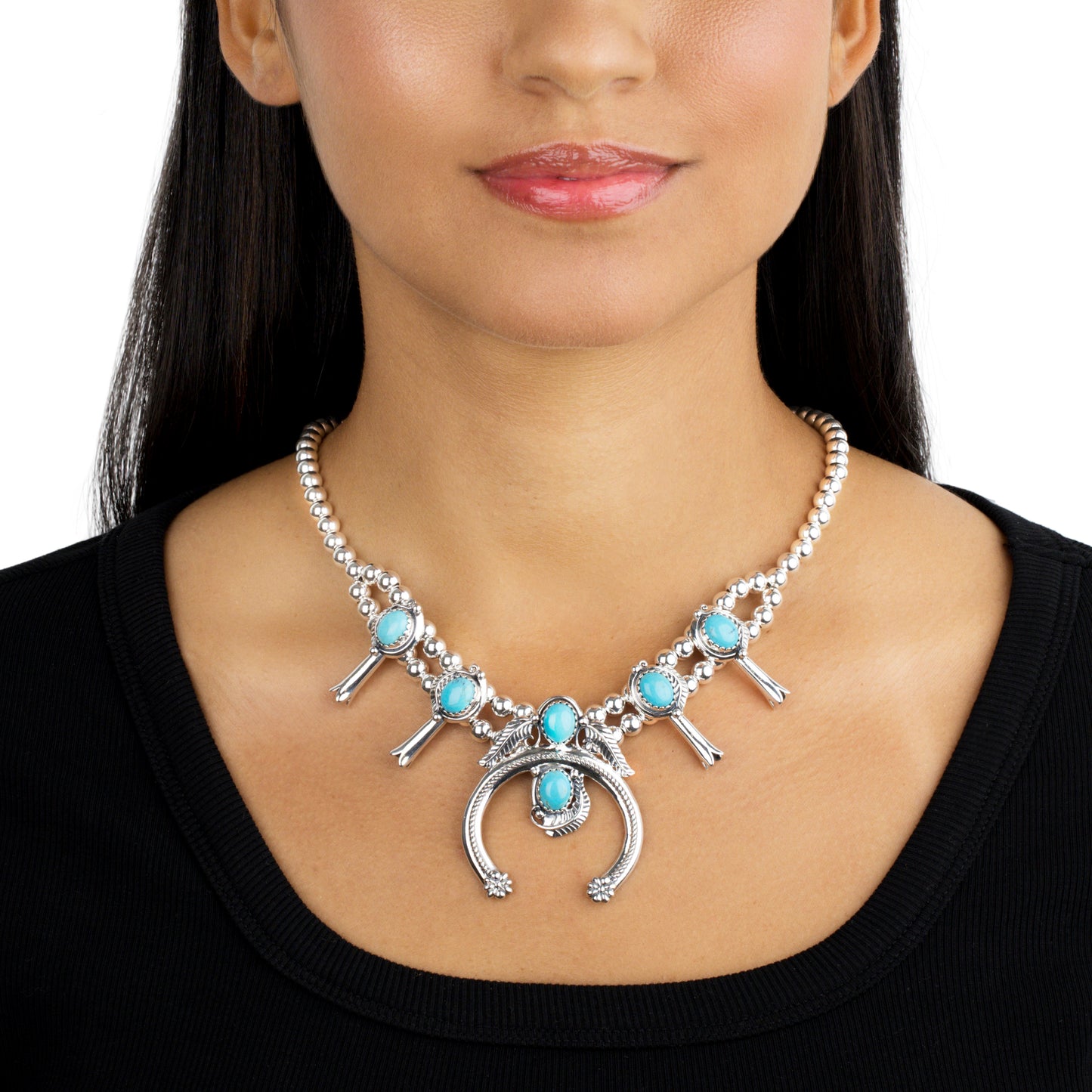 Sterling Silver Kingman Turquoise Squash Blossom Naja Necklace, 17 to 20 Inches