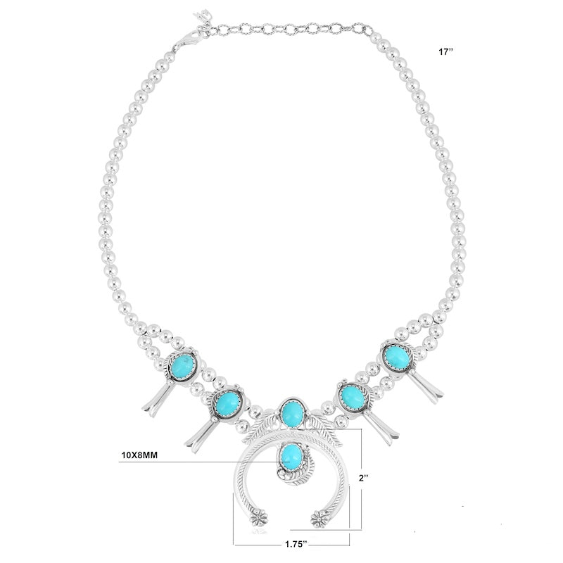 Sterling Silver Kingman Turquoise Squash Blossom Naja Necklace, 17 to 20 Inches