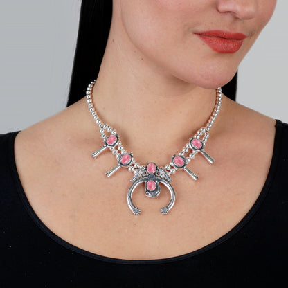Southwestern Sterling Silver with Rhodonite Gemstone Squash Blossom Naja Design Pendant Necklace, 16-19 Inches