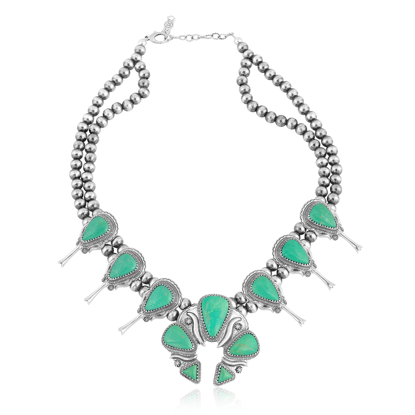 Sterling Silver Green Turquoise Large Naja Squash Blossom Necklace, 21 to 24 Inches