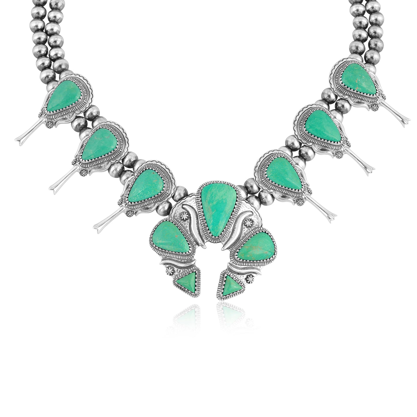 Sterling Silver Green Turquoise Large Naja Squash Blossom Necklace, 21 to 24 Inches