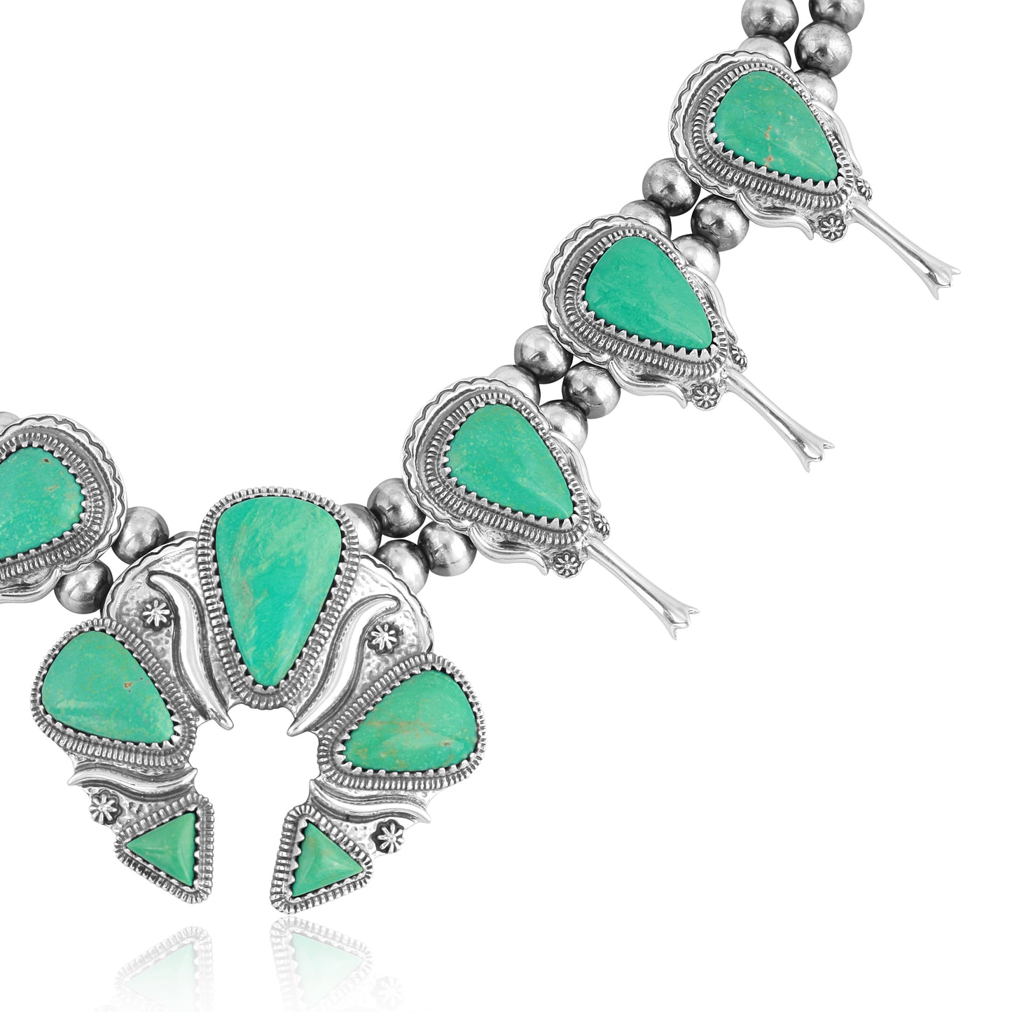 Sterling Silver Green Turquoise Large Naja Squash Blossom Necklace, 21 to 24 Inches