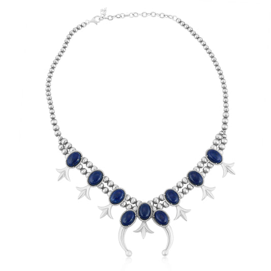 Sterling Silver Blue Lapis Squash Blossom Naja Necklace, 18 to 21 Inches