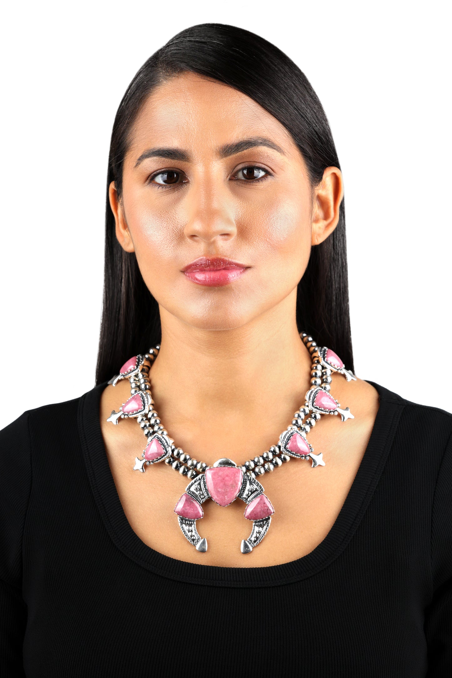 Sterling Silver Pink Rhodonite Arrowhead Squash Blossom Statement Necklace, 18 to 21 Inches