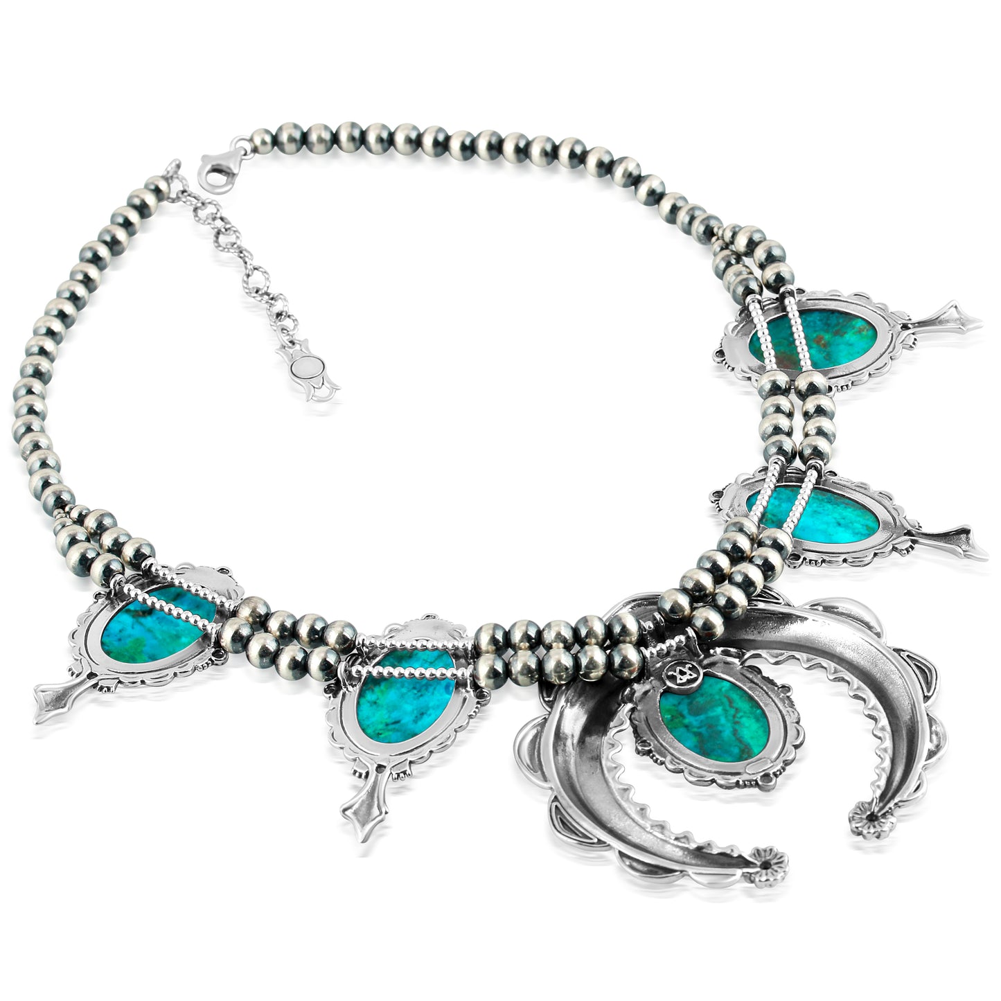 Sterling Silver Blue Green Chrysocolla Naja Squash Blossom Necklace, 17 to 20 Inches