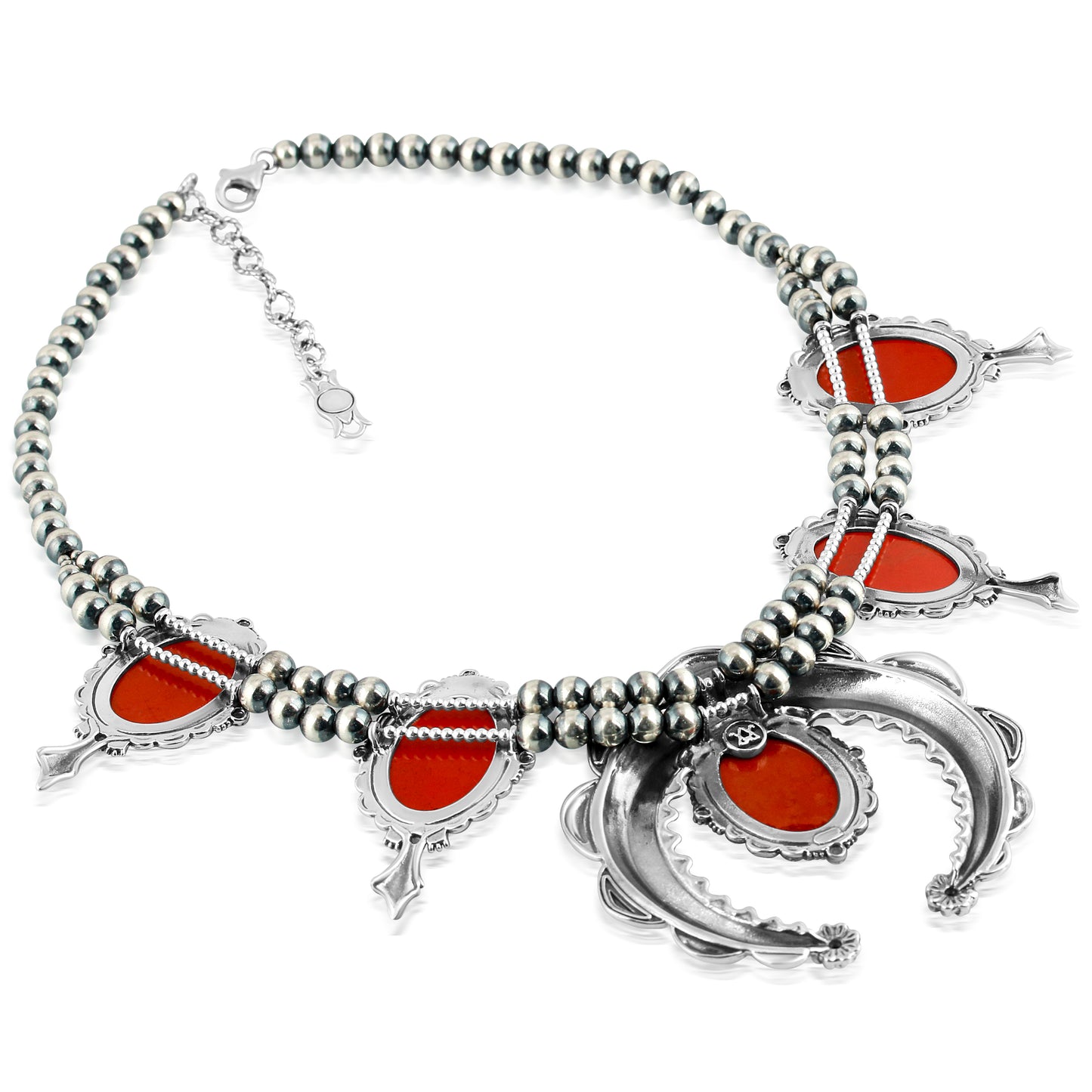 Sterling Silver Red Jasper Squash Blossom Naja Necklace, 17 to 20 Inches