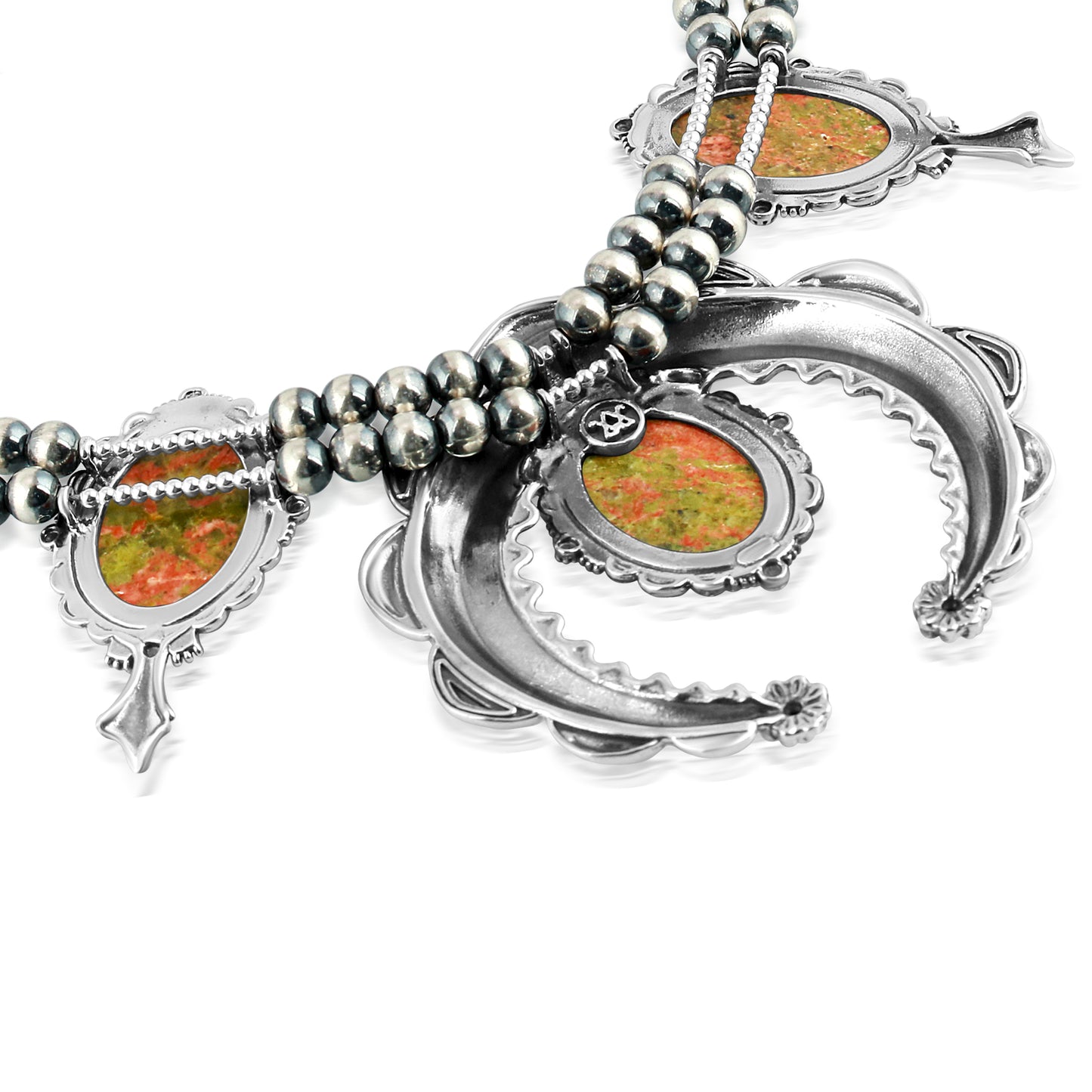 Sterling Silver Unakite Naja Squash Blossom Necklace, 17 to 20 Inches