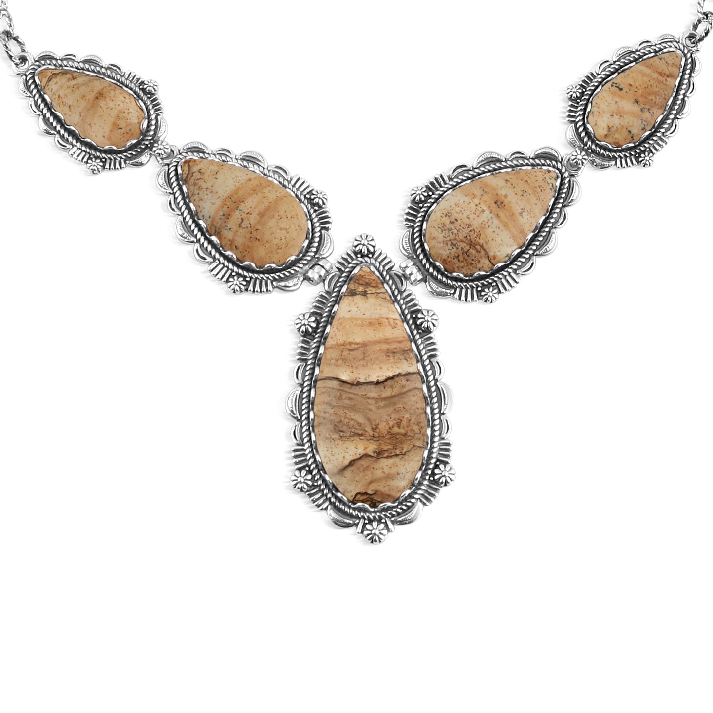 Sterling Silver Picture Jasper Pear-Shaped Gemstone Statement Necklace, 17 Inches