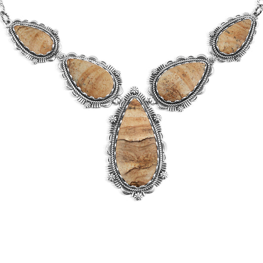 Sterling Silver Picture Jasper Pear-Shaped Gemstone Statement Necklace, 17 Inches