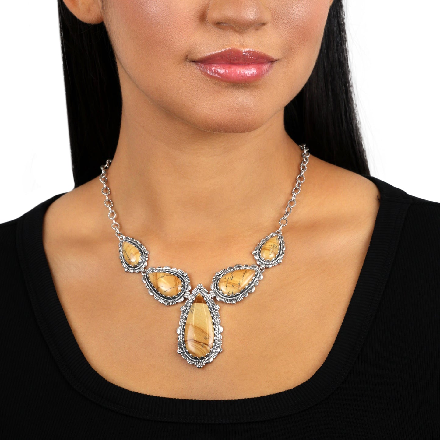 Sterling Silver Picture Jasper Pear-Shaped Gemstone Statement Necklace, 17 Inches