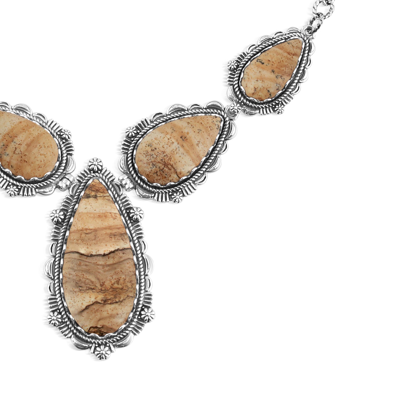 Sterling Silver Picture Jasper Pear-Shaped Gemstone Statement Necklace, 17 Inches