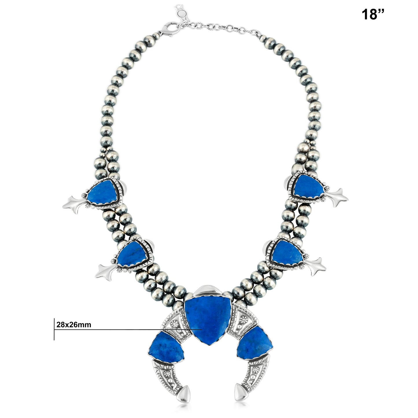 Sterling Silver Lapis Arrowhead Squash Blossom Statement Necklace, 18 to 21 Inches