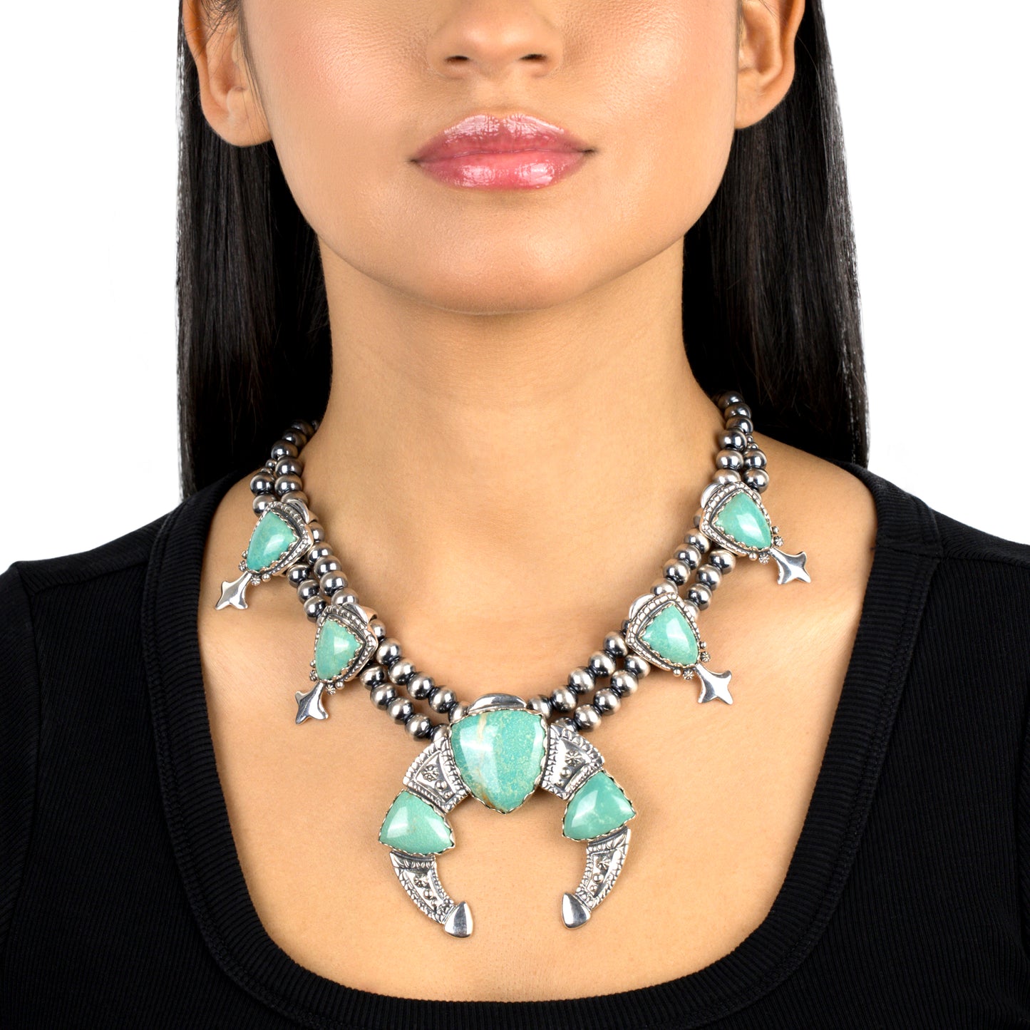 Sterling Silver Green Turquoise Arrowhead Squash Blossom Statement Necklace, 18 to 21 Inches