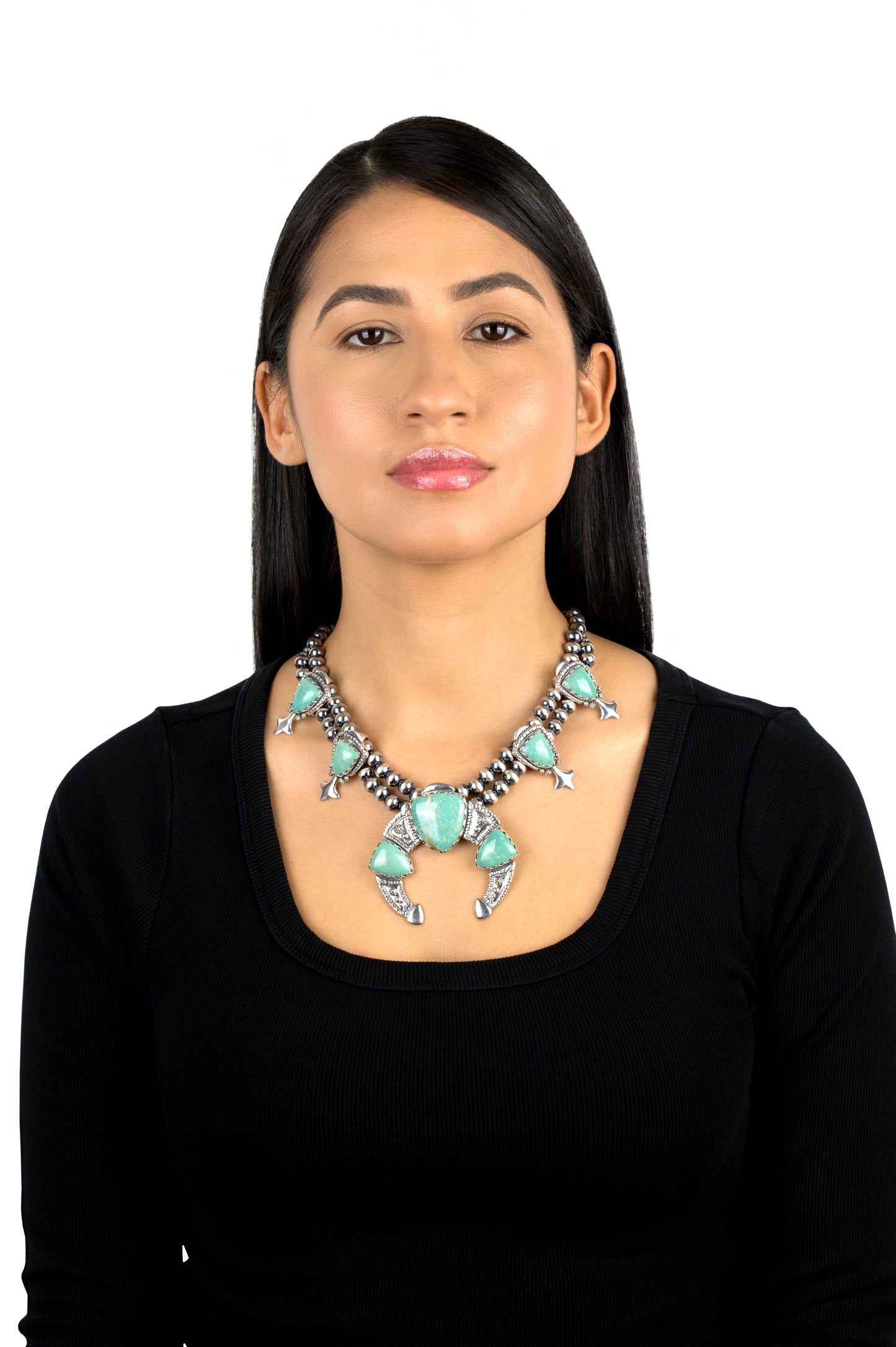Sterling Silver Green Turquoise Arrowhead Squash Blossom Statement Necklace, 18 to 21 Inches