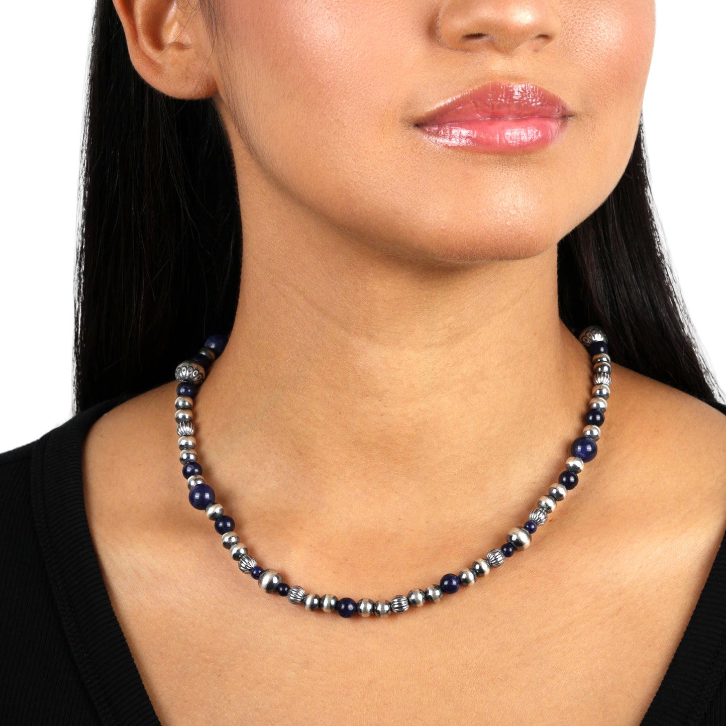 Sterling Silver Genuine Lapis Lazuli Multi Beaded Necklace, 17 - 19 Inches