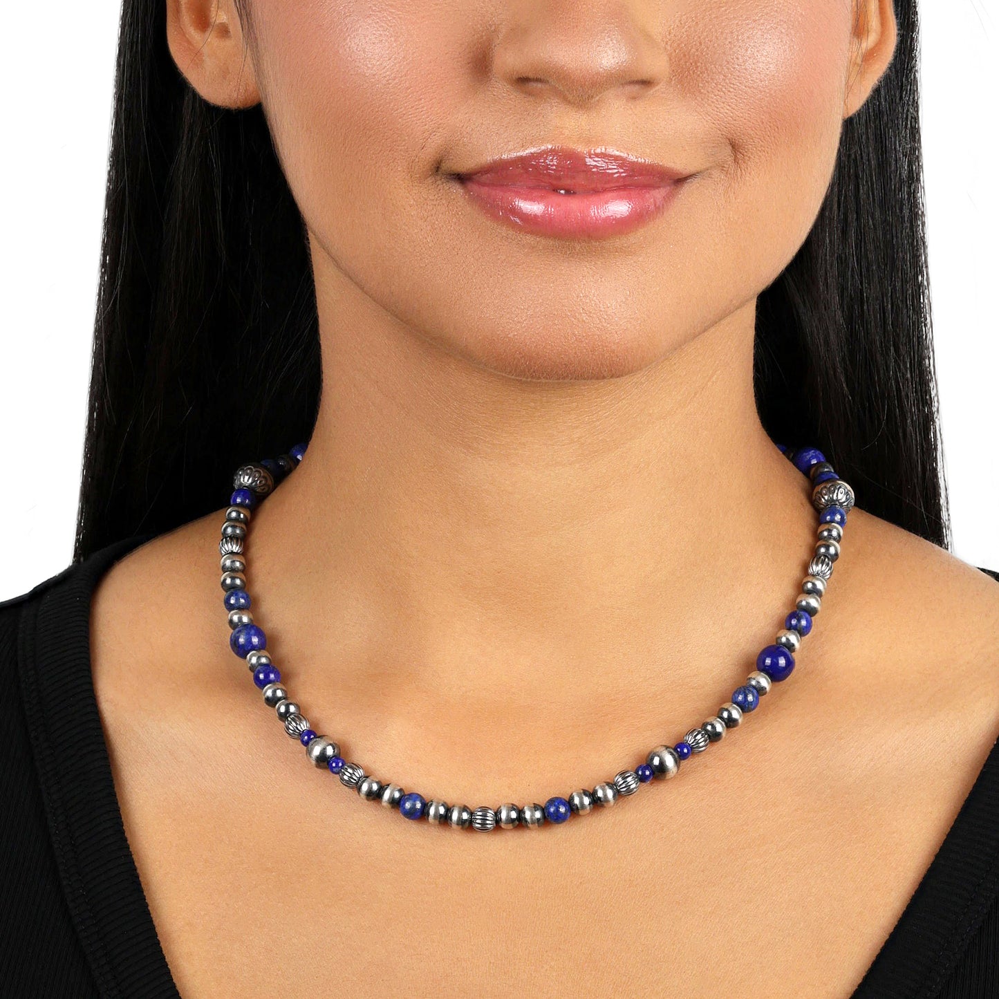 Sterling Silver Sodalite Gemstone Multi Beaded Necklace, 17 to 19 Inches