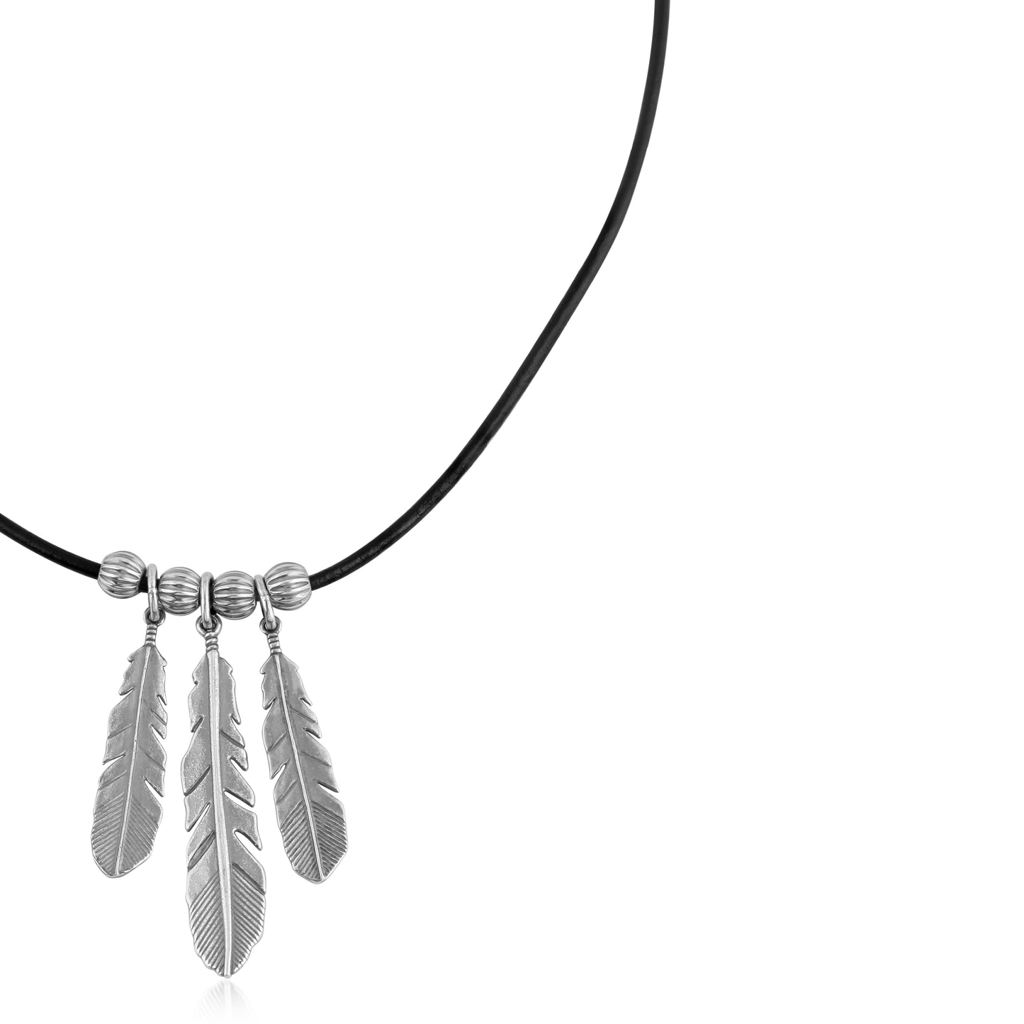 Sterling Silver Triple Feather Black Genuine Leather Necklace, 17 -20 Inches