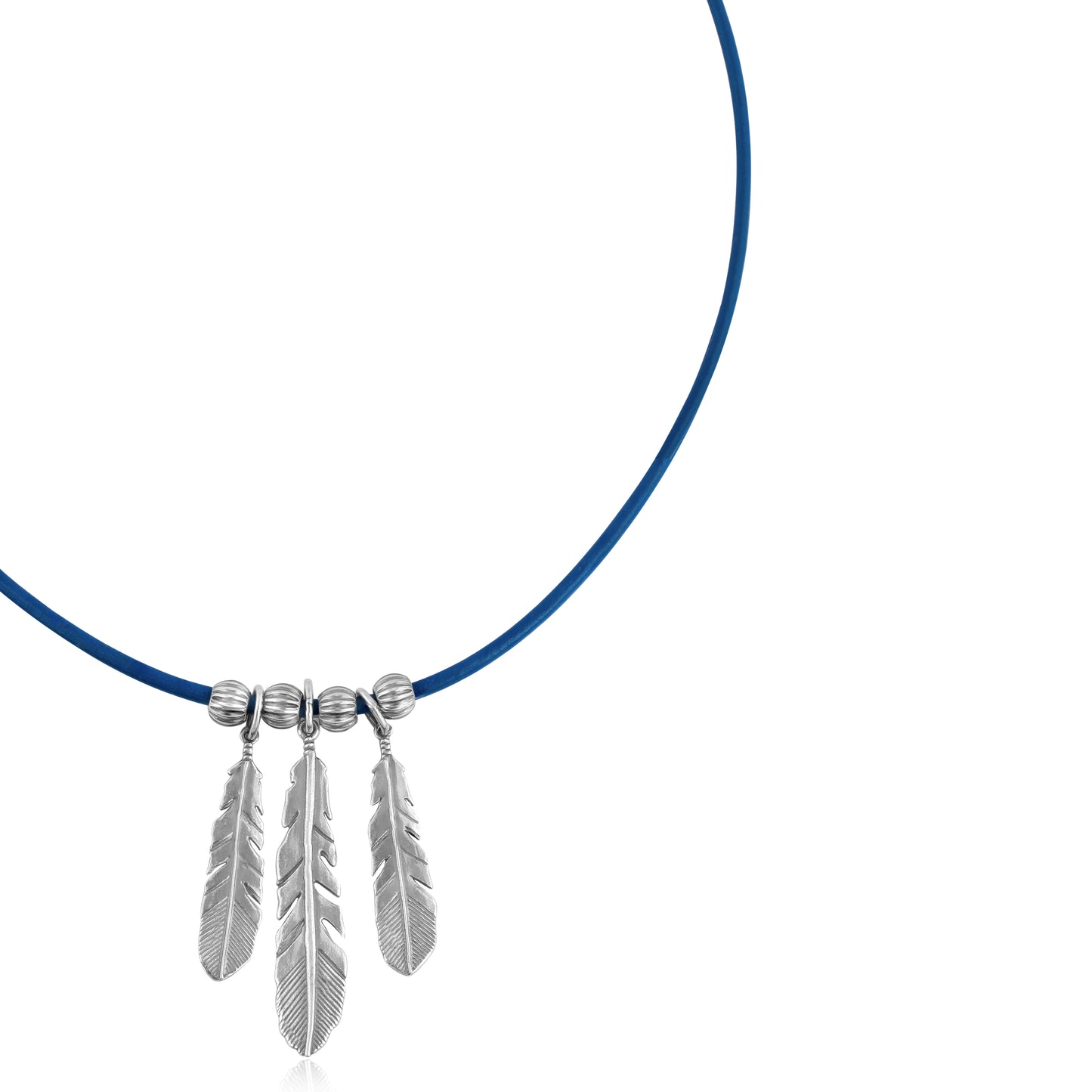Sterling Silver Triple Feather Blue Genuine Leather Necklace, 17 -20 Inches