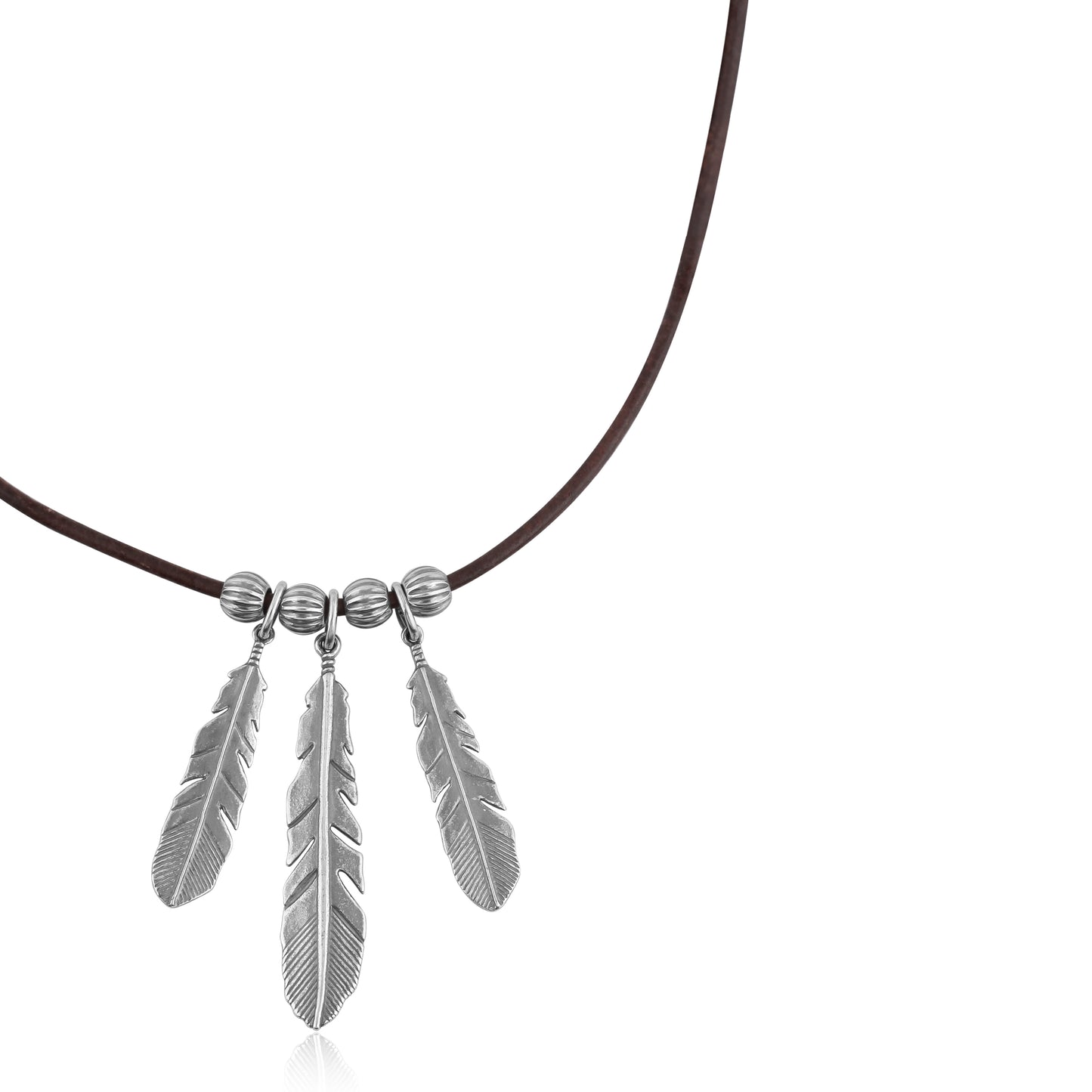 Sterling Silver Triple Feather Brown Genuine Leather Necklace, 17-20 Inches