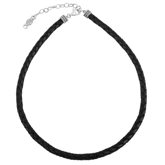 Braided Genuine Black Leather Sterling Silver Necklace, 17 Inches