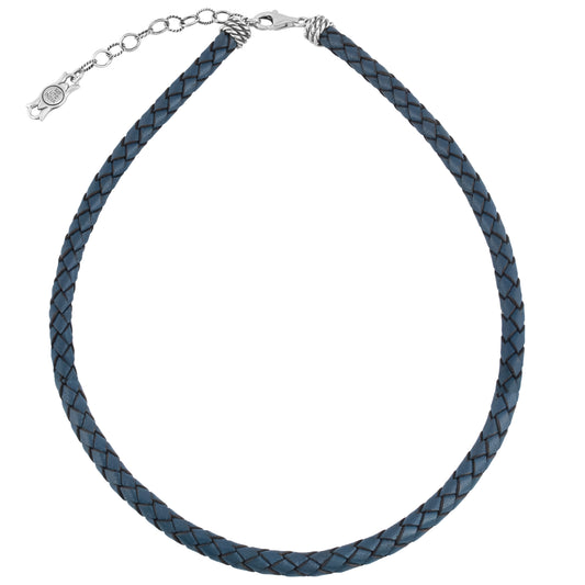 Braided Genuine Blue Leather Sterling Silver Necklace, 17 Inches