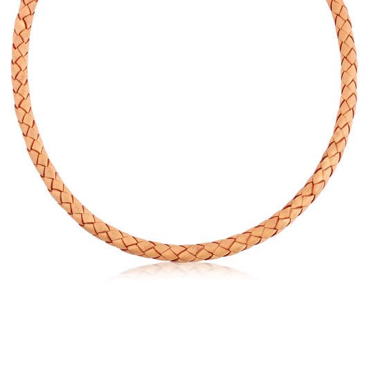 Braided Beige Genuine Leather Sterling Silver Necklace, 17 -20 Inches