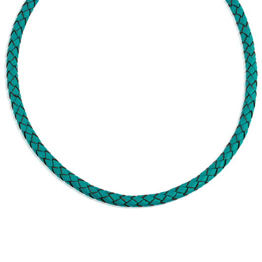 Braided Genuine Leather Turquoise Sterling Silver Necklace, 17 Inches