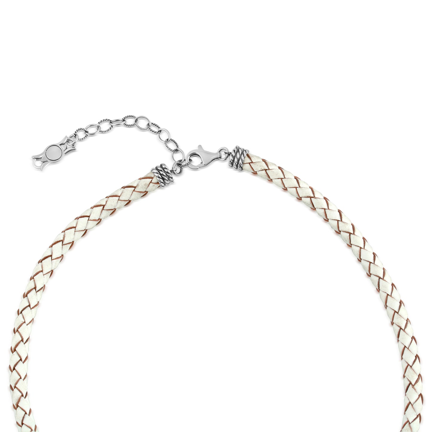 Braided White Genuine Leather Sterling Silver Necklace, 17-20 Inches