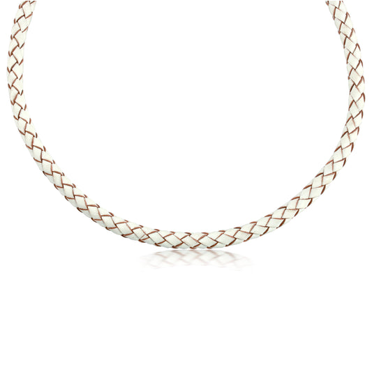 Braided Genuine White Leather Sterling Silver Necklace, 17 Inches