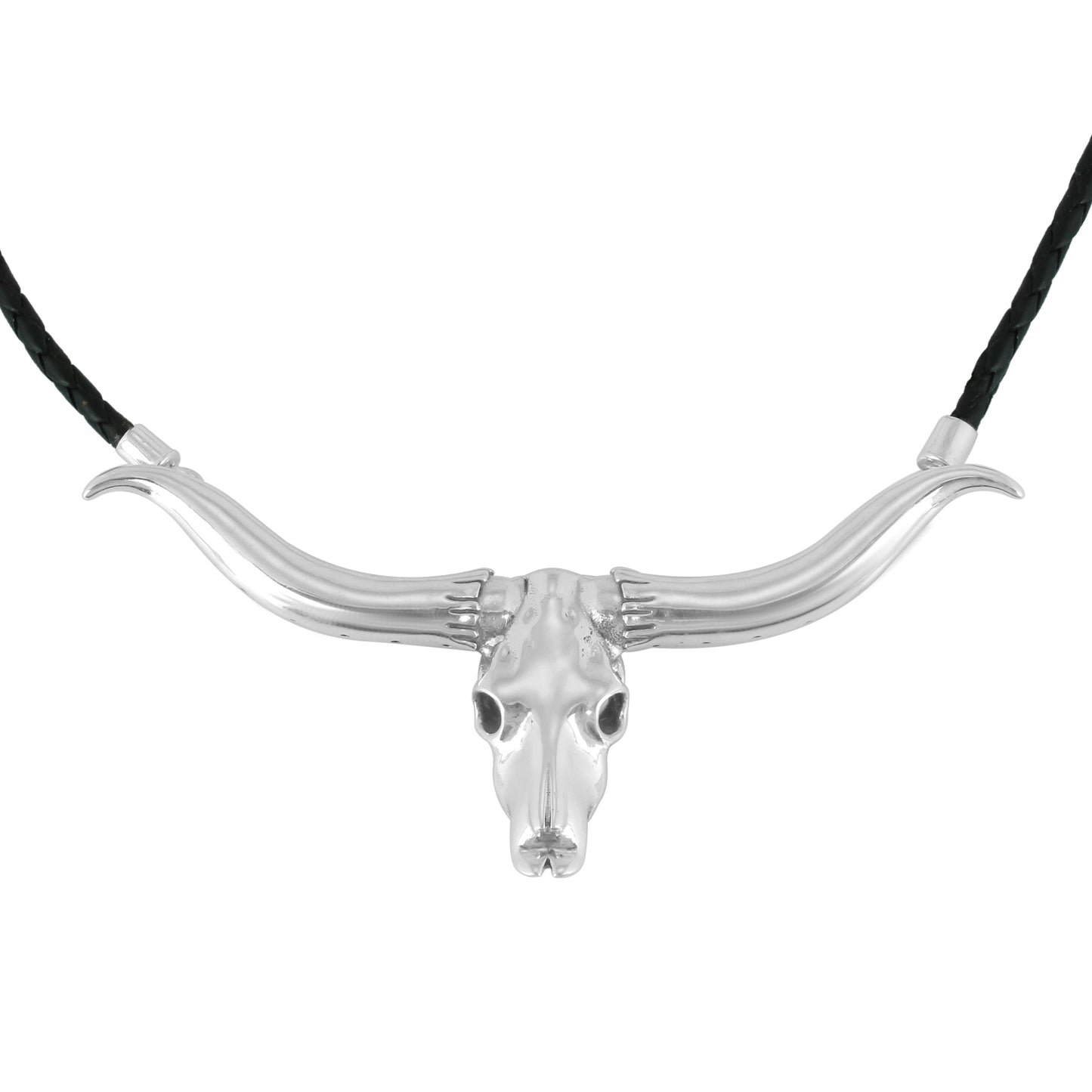 Southwestern Sterling Silver Longhorn Skull Black Leather Necklace, 17 or 20 Inch Length