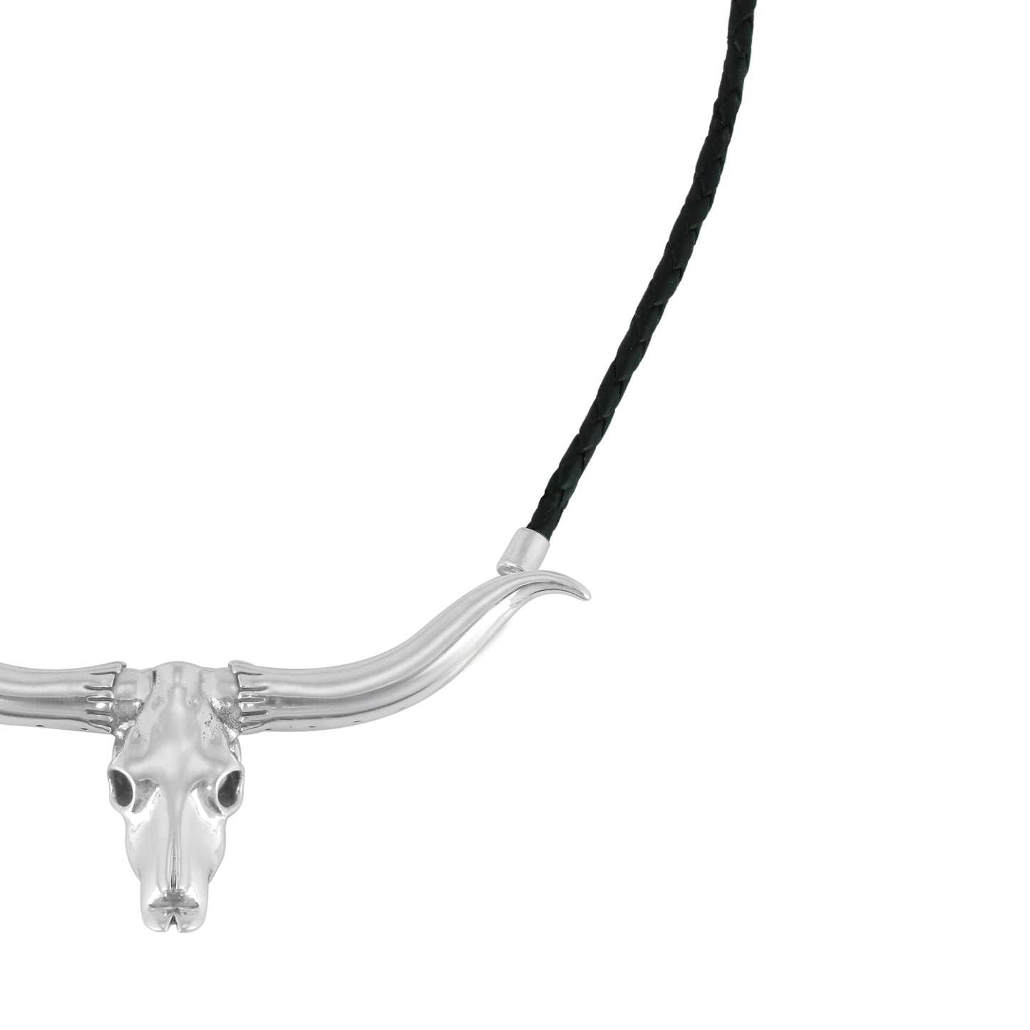 Southwestern Sterling Silver Longhorn Skull Black Leather Necklace, 17 or 20 Inch Length