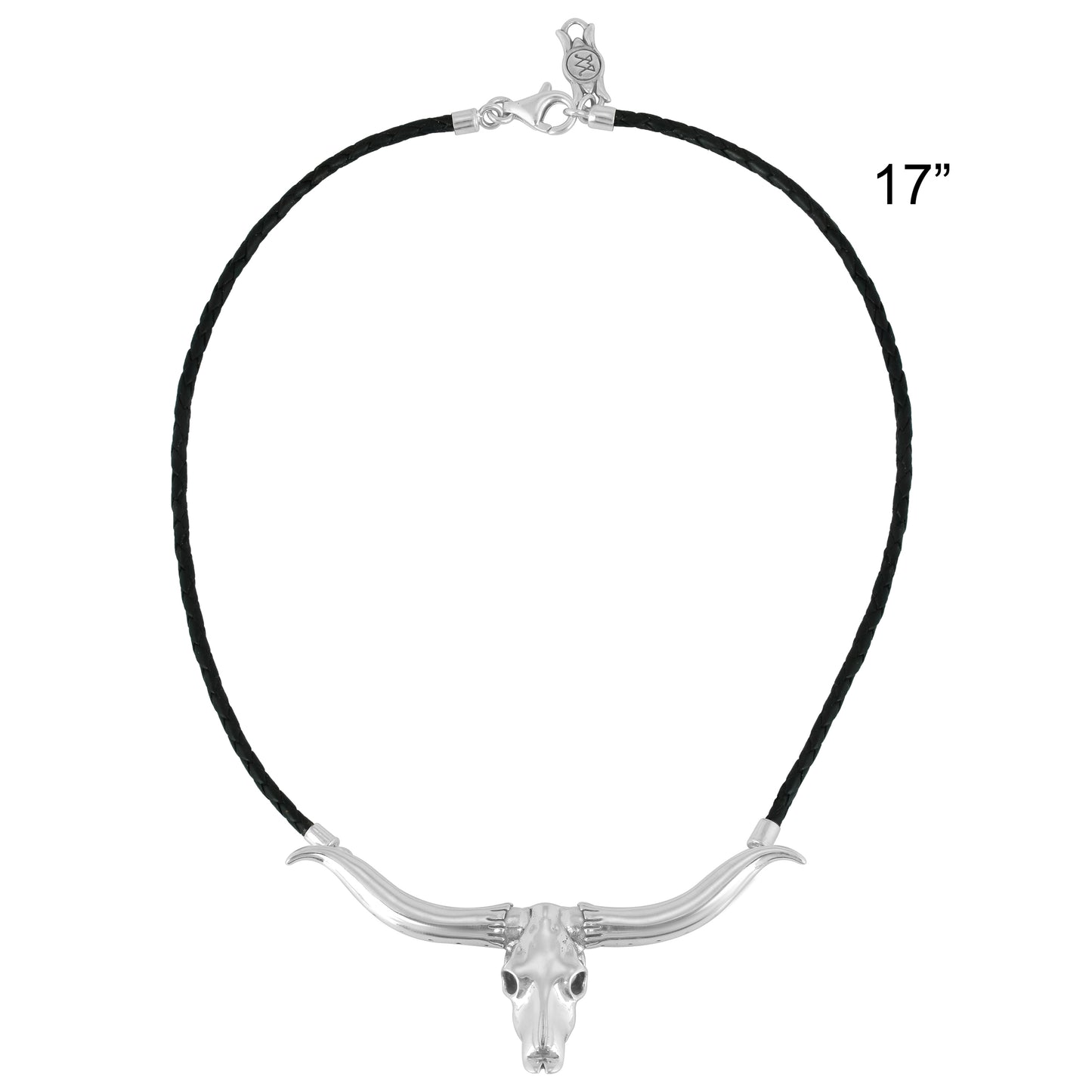 Southwestern Sterling Silver Longhorn Skull Black Leather Necklace, 17 or 20 Inch Length