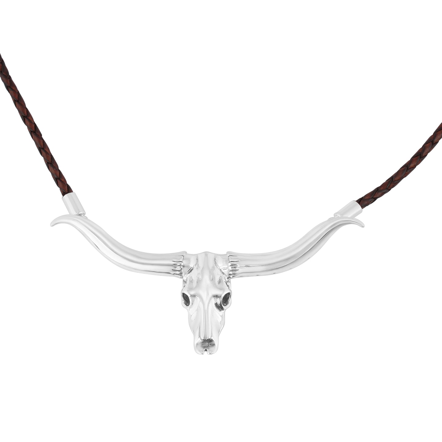 Sterling Silver Longhorn Skull Brown Leather Necklace, 17 or 20 Inches