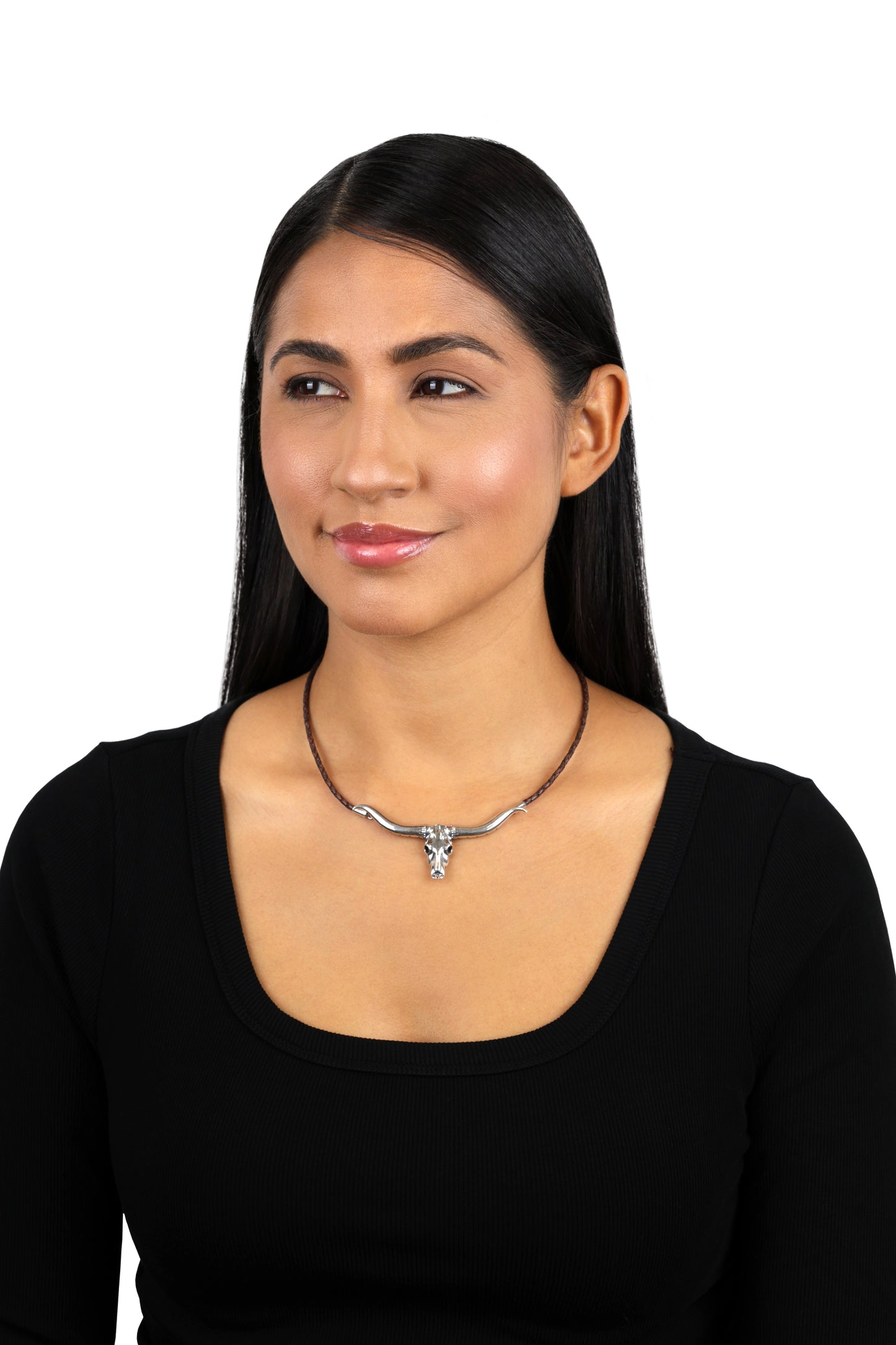 Sterling Silver Longhorn Skull Brown Leather Necklace, 17 or 20 Inches