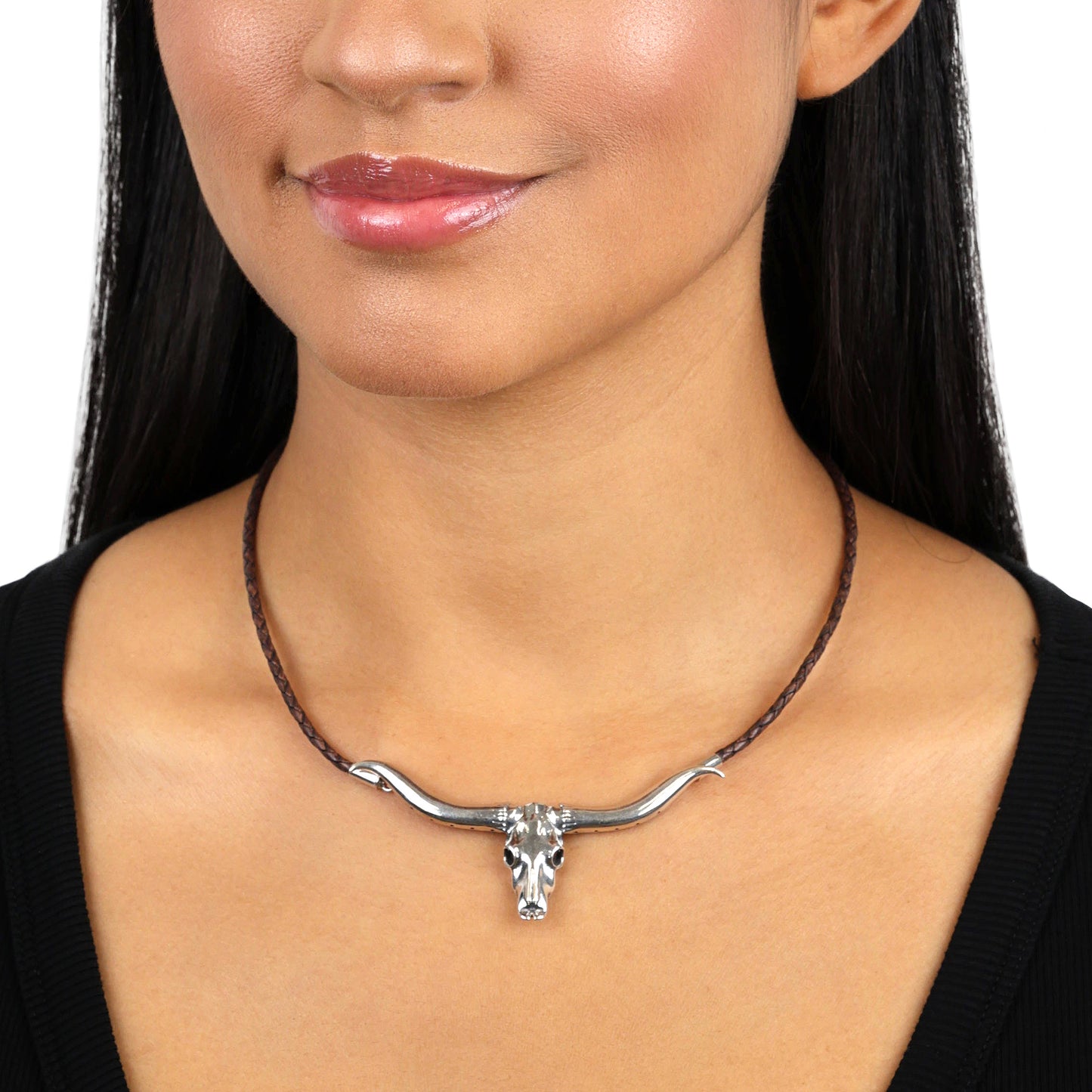 Sterling Silver Longhorn Skull Brown Leather Necklace, 17 or 20 Inches