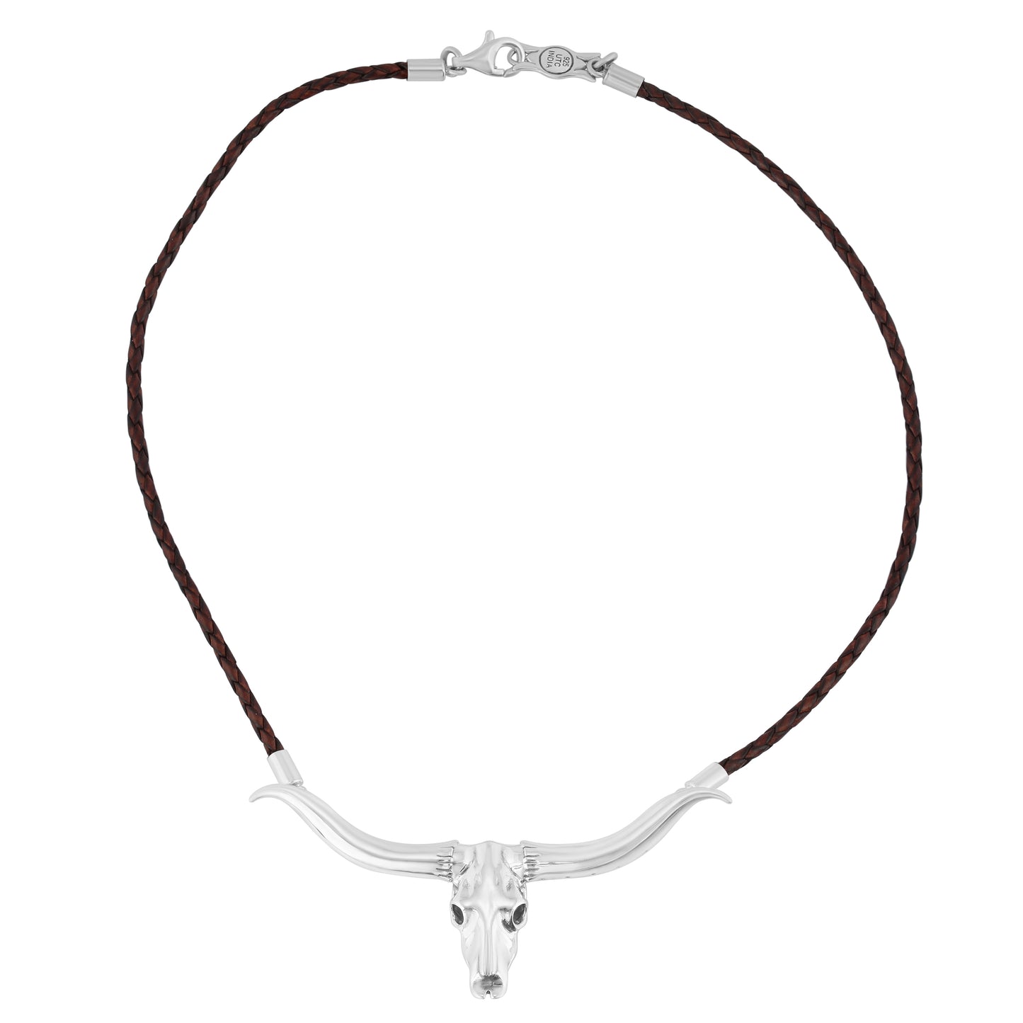 Sterling Silver Longhorn Skull Brown Leather Necklace, 17 or 20 Inches