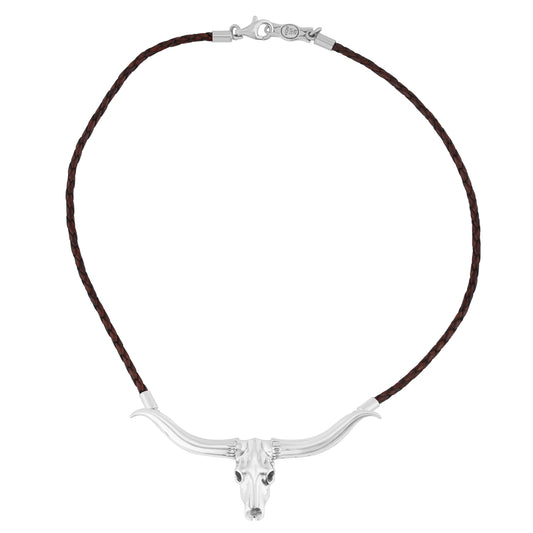 Sterling Silver Longhorn Skull Brown Leather Necklace, 17 or 20 Inches