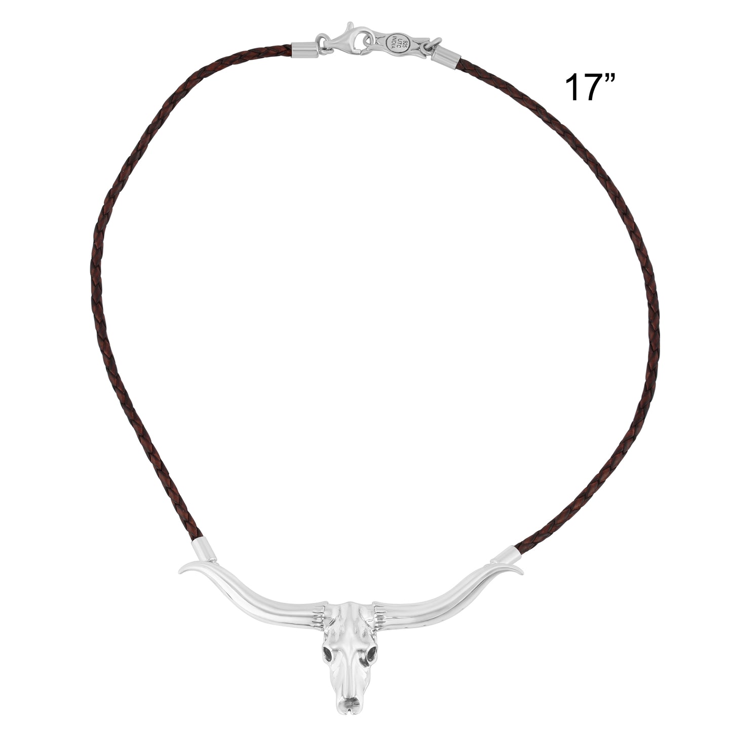 Sterling Silver Longhorn Skull Brown Leather Necklace, 17 or 20 Inches
