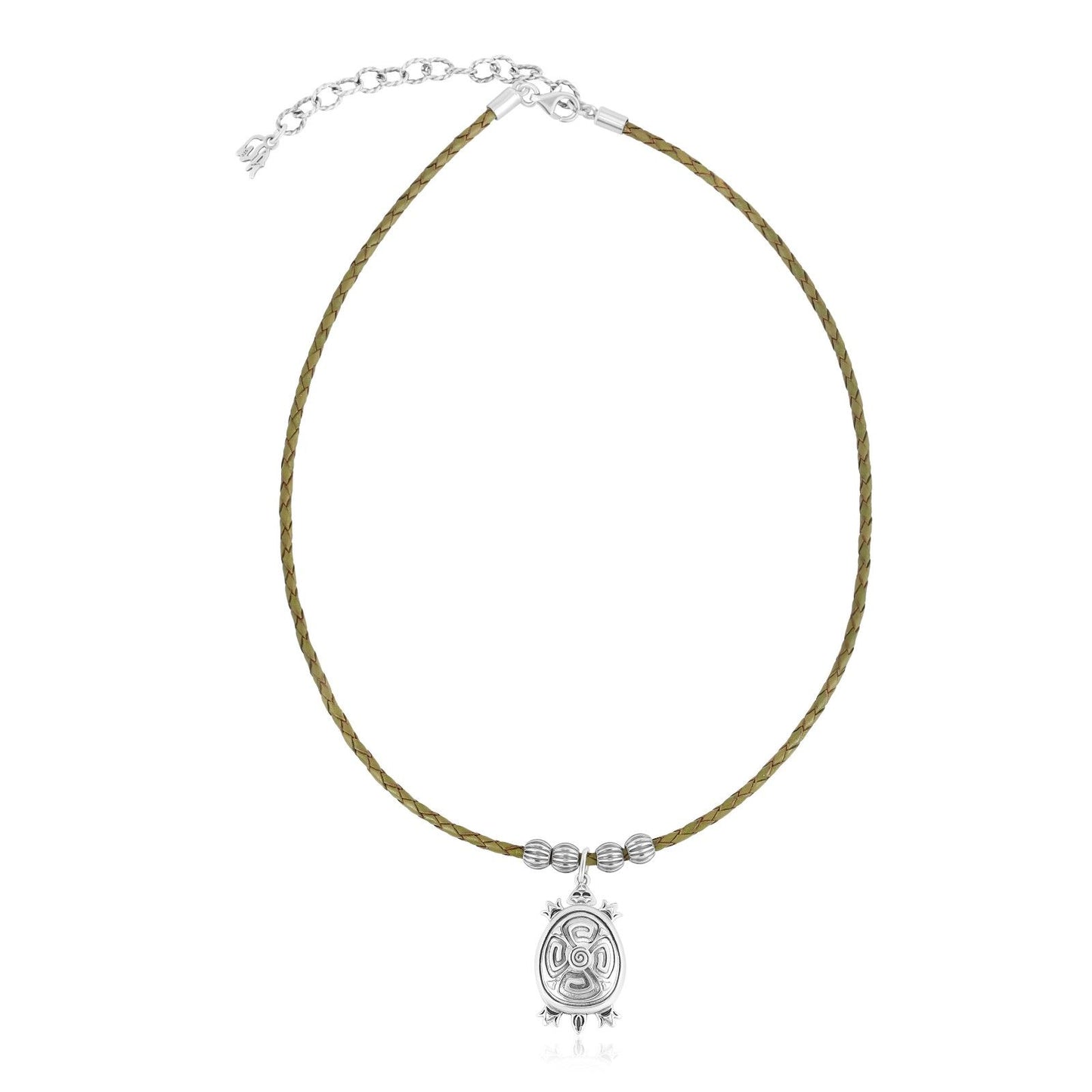 Sterling Silver Brown Leather Turtle Necklace, 17 to 20 Inches