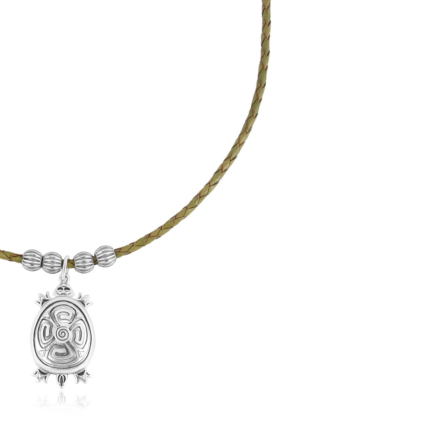 Sterling Silver Brown Leather Turtle Necklace, 17 to 20 Inches